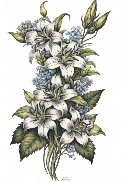 white and black lily, lupine, aster, large bluet, fern, blue eyed grass, buttercups, sulfer cinquefoil tattoo design idea