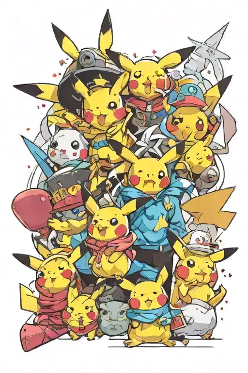 a bunch of pikachu cosplaying as different anime characters  tattoo design idea