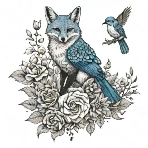 fox and bluejay amongst jewellery and flowers with some harry potter aesthetics  tattoo design idea
