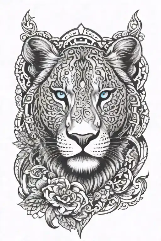 blue eyes lioness, mandala, jörmungandr, power, tattoo design idea