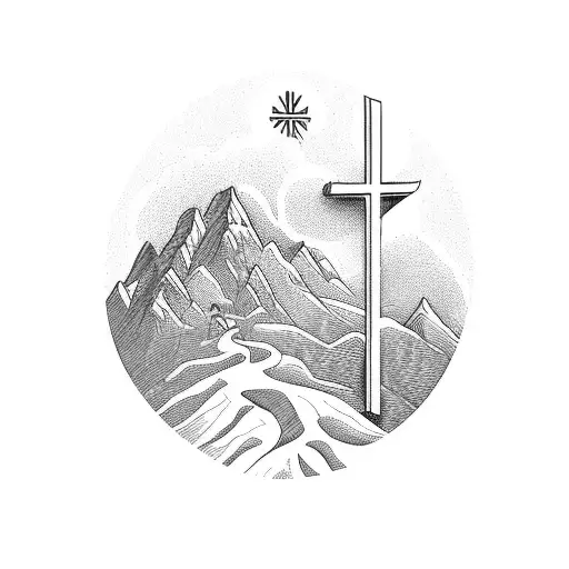 Christian Cross on top of a mountain with tropical background  tattoo design idea