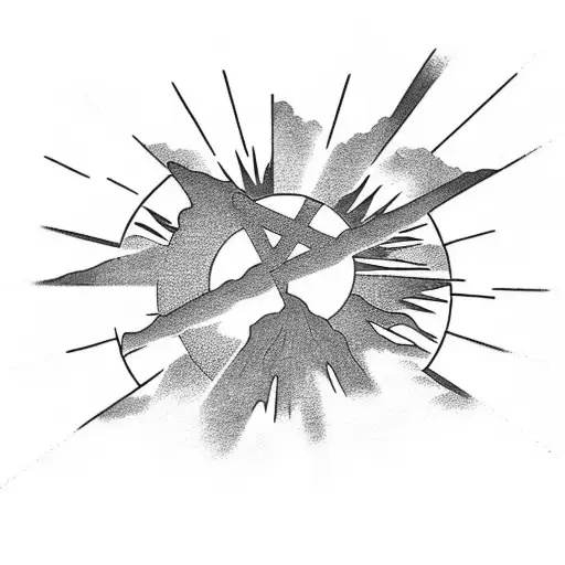 Christian Cross on top of a mountain with sun rays coming out of sky and tropical area below the mountain  tattoo design idea