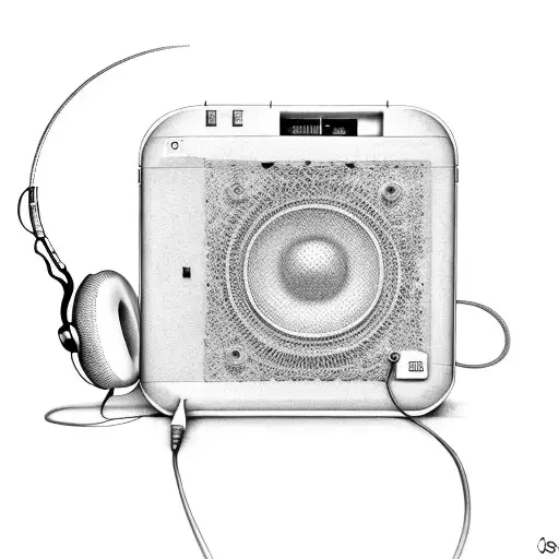 Hyperrealistic sketch of microphone, piano keys, notes, headphones, artstation, clear focus, studio photography, complex tattoo design idea