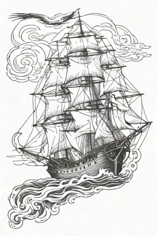 English warship ship of the line storm sea monster crescent moon  tattoo design idea