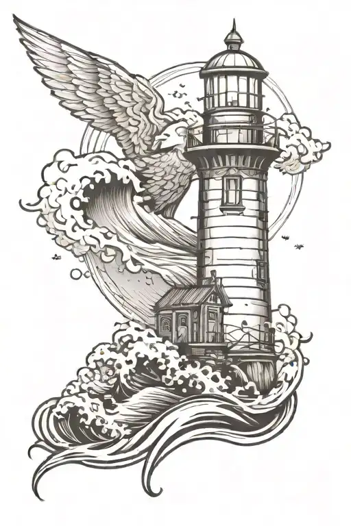 lighthouse with waves crashing at night with a German iron cross somewhere on it.   tattoo design idea