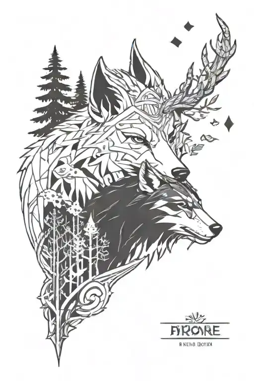 Got it! A traditional tattoo with elements from Princess Mononoke, including a forest theme, geometric elements, and pla tattoo design idea