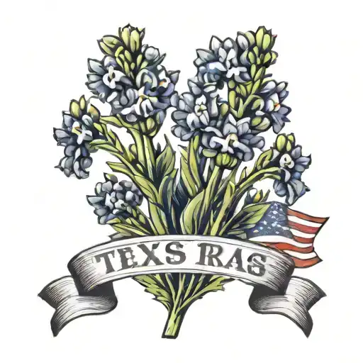 A realistic black and grey tattoo of a field of blue bonnets with the Texas flag waving in the background tattoo design idea