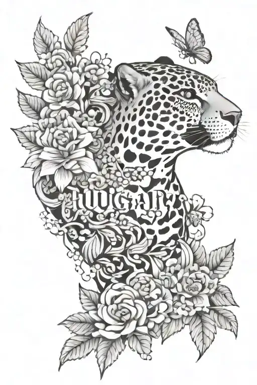 A majestic jaguar surrounded by a vibrant bouquet of the client's favorite flowers, with the words 'hummingbird' and 'sun' delicately incorporated into the design tattoo design idea