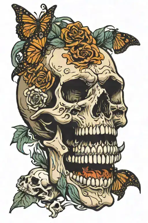skull with monarchs coming out of mouth open tattoo design idea