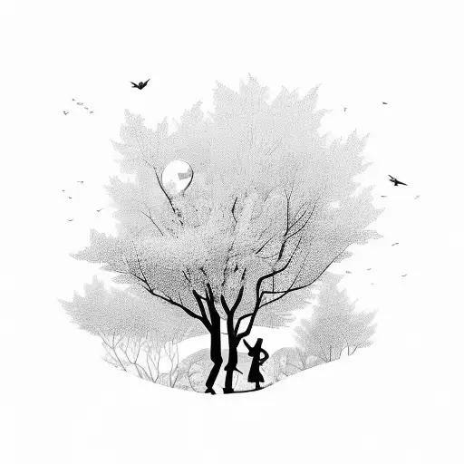 A silhouette of a parent holding hands with their child, walking through a magical forest tattoo design idea