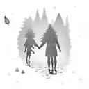 A silhouette of a parent holding hands with their child, walking through a magical forest tattoo design idea