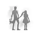 A silhouette of a parent holding hands with their child, walking through a magical forest tattoo design idea