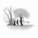 A silhouette of a parent holding hands with their child, walking through a magical forest tattoo design idea