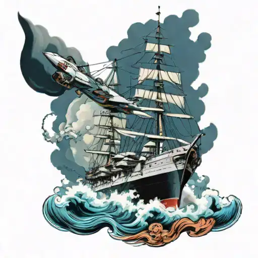 Enterprise aircraft carrier battling powerful waves tattoo design idea