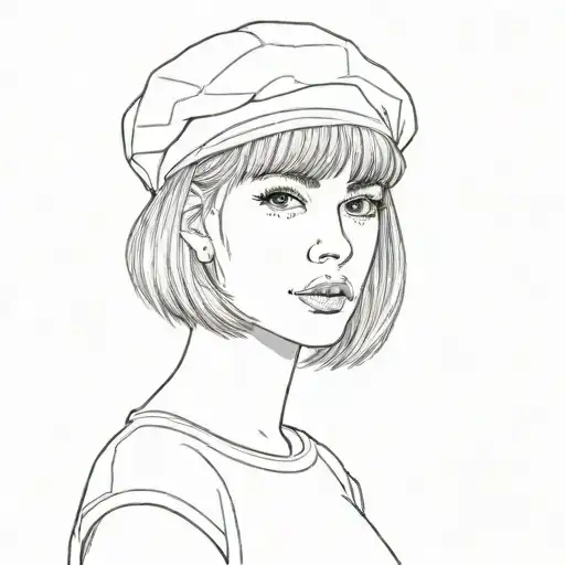 girl with medium length hair and bangs with nose ring, wearing a beret and a falangist tunic, full body  tattoo design idea