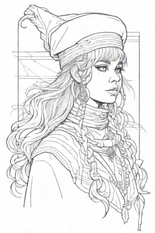 full body drawing of a girl with long ahir and bangs in A beret with nose piercing waearing a falangist tunic tattoo design idea