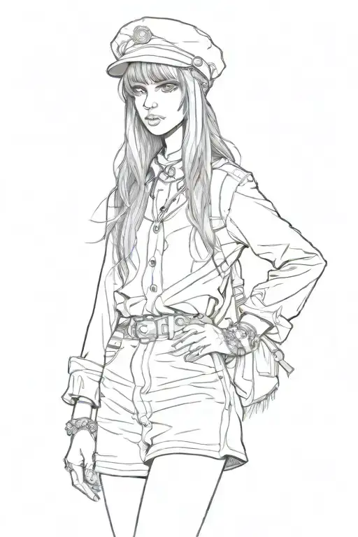 full body drawing of a girl with long hair and bangs in A beret with nose piercing wea ring a falangist tunic tattoo design idea