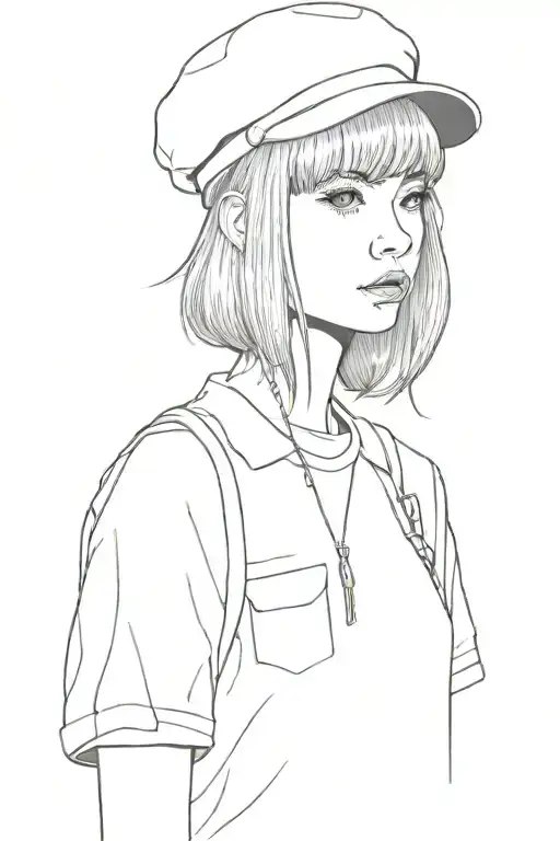 girl with medium length hair and bangs with nose ring, wearing a beret and a falangist tunic, full body image tattoo design idea