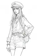 full body drawing of a girl with long hair and bangs in A beret with nose piercing wea ring a falangist tunic tattoo design idea