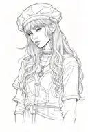 full body drawing of a girl with long hair and bangs in A beret with nose piercing wea ring a falangist tunic tattoo design idea