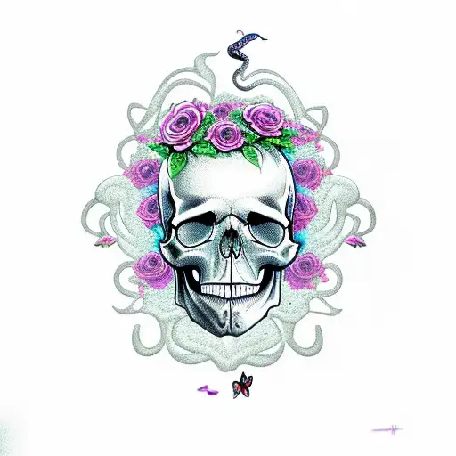 skull with roses, snake, and butterfly with dark clouds tattoo design idea