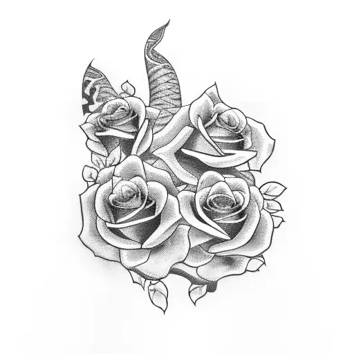 "Ohai" in the middle with roses, snake, and butterfly with dark clouds around  tattoo design idea