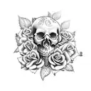 skull with roses, snake, and butterfly with dark clouds tattoo design idea