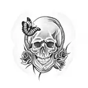 skull with roses, snake, and butterfly with dark clouds tattoo design idea