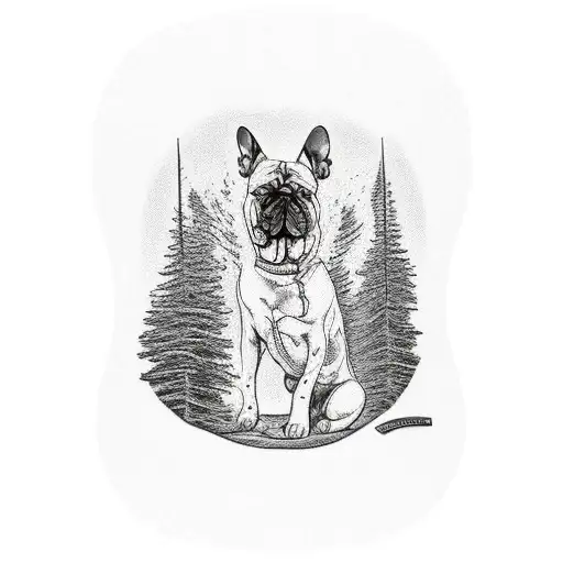 A tattoo of a dog resting under a majestic redwood tree by a flowing river tattoo design idea