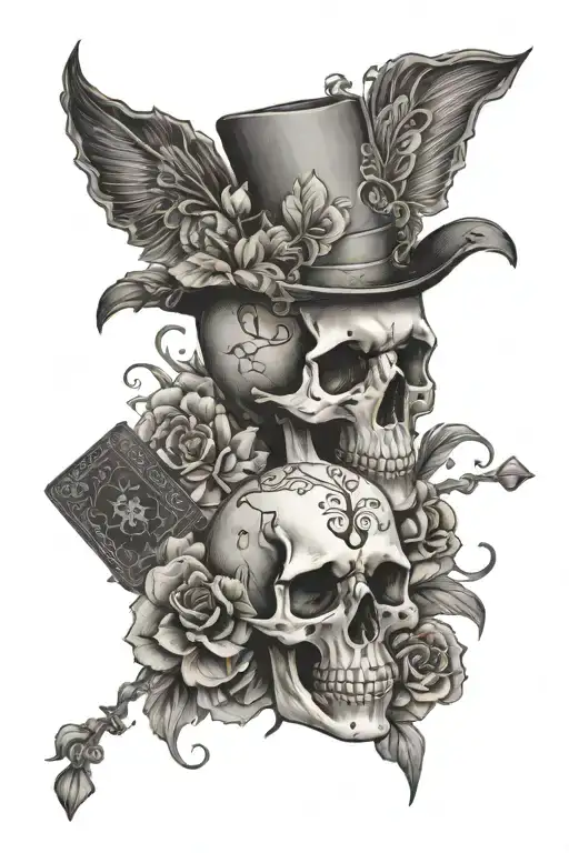 floral, skull, western, cards, dice rolling tattoo design idea