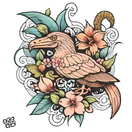 platypus with flamingo and parrot with flowers and water tattoo design idea