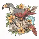 platypus with flamingo and parrot with flowers and water tattoo design idea