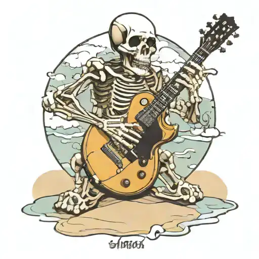 Skeleton playing electric gibson les paul guitar on the beach with no clothes tattoo design idea