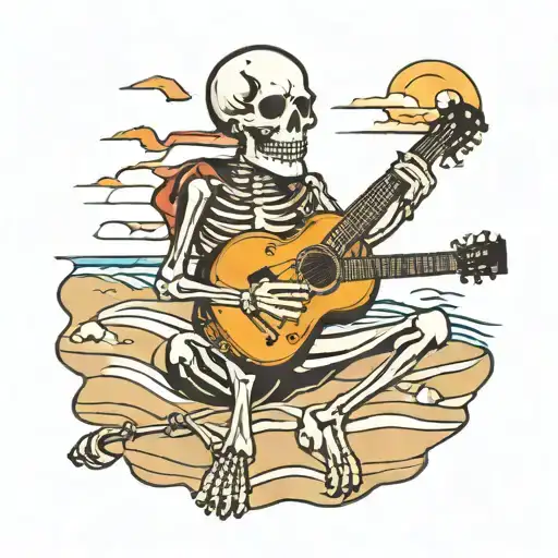 Skeleton playing electric gibson guitar on the beach tattoo design idea