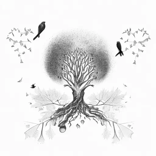 tree whose leaves are falling and a bird sitting on the branch and other birds flying tattoo design idea