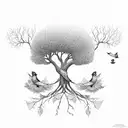 tree whose leaves are falling and a bird sitting on the branch and other birds flying tattoo design idea