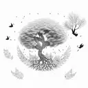 tree whose leaves are falling and a bird sitting on the branch and other birds flying tattoo design idea