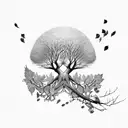 tree whose leaves are falling and a bird sitting on the branch and other birds flying tattoo design idea