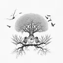 tree whose leaves are falling and a bird sitting on the branch and other birds flying tattoo design idea