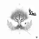 tree whose leaves are falling and a bird sitting on the branch and other birds flying tattoo design idea