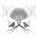 tree whose leaves are falling and a bird sitting on the branch and other birds flying tattoo design idea