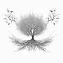 tree whose leaves are falling and a bird sitting on the branch and other birds flying tattoo design idea