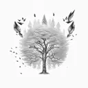 tree whose leaves are falling and a bird sitting on the branch and other birds flying tattoo design idea