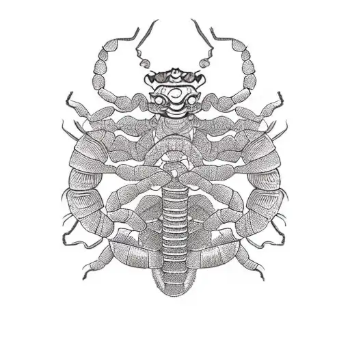 A scorpion with intricate Japanese-inspired patterns and symbols in a realism style tattoo design idea