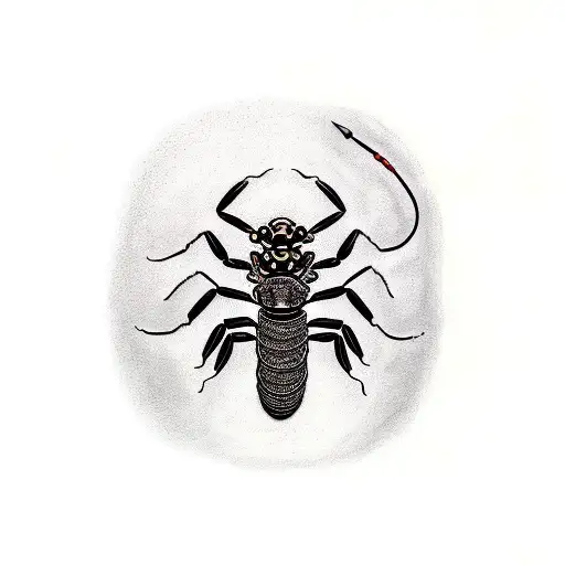 A scorpion with intricate Japanese-inspired patterns and symbols in a realism style tattoo design idea