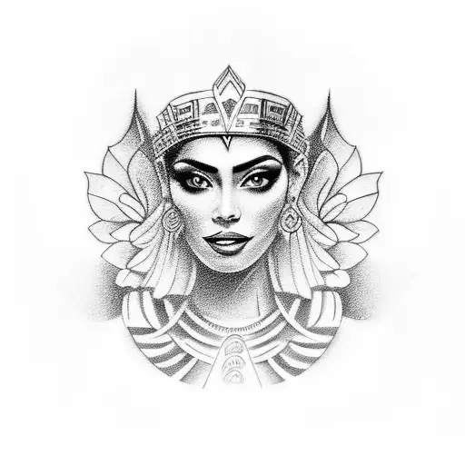 A portrait tattoo of your mom, wife, and daughter, each depicted as a Mexican goddess or queen, showcasing their importance and beauty in your life. tattoo design idea