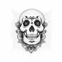 A sugar skull with intricate details and vibrant colors, representing Mexican culture and the celebration of life. tattoo design idea