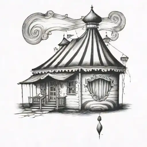 school house fading into circus tent  tattoo design idea