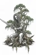 Weeping willow tree half growing half dead human sit on dead side swords on growing side tattoo design idea
