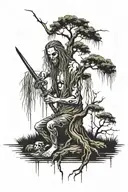 Weeping willow tree half growing half dead human sit on dead side swords on growing side tattoo design idea